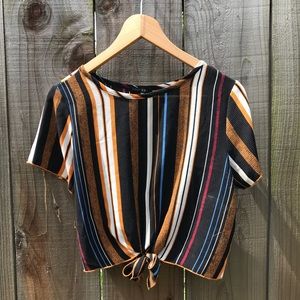 Striped Front Tie Crop Blouse